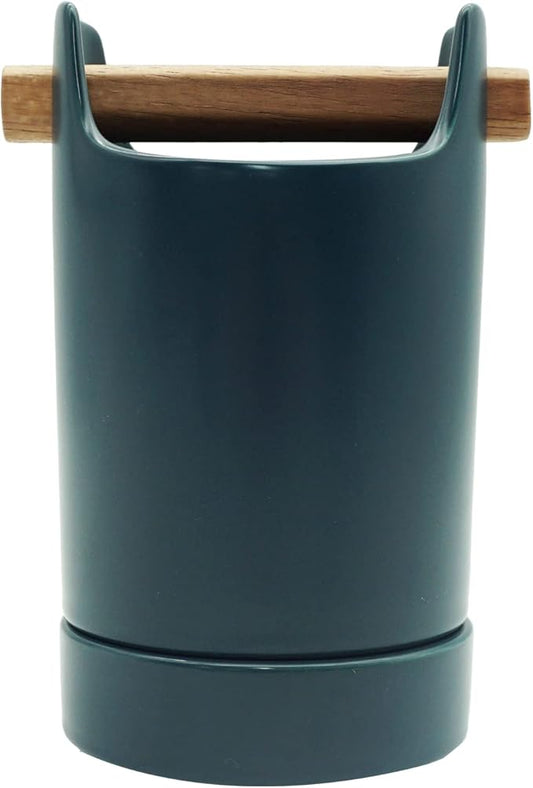 Kitchen Utensil Holder for Flatware, Silverware, Cutlery and Cooking Accessories, Wood and Ceramic, Countertop and Table Caddy (Blue)