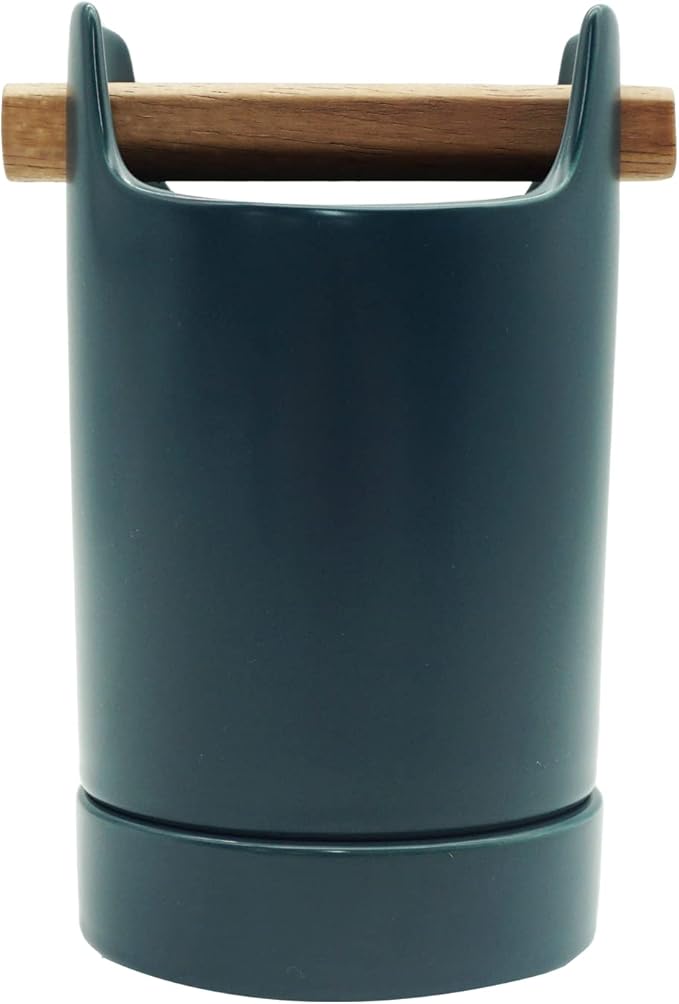 Kitchen Utensil Holder for Flatware, Silverware, Cutlery and Cooking Accessories, Wood and Ceramic, Countertop and Table Caddy (Blue)