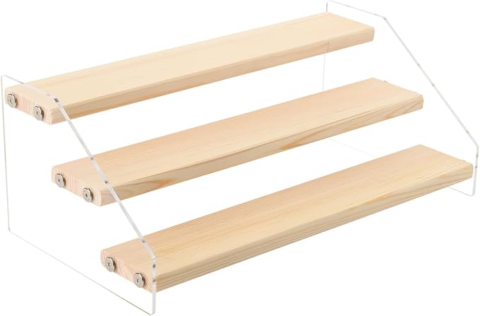 Homakover Tiered Acrylic Wood Spice Rack - 3 Tier Clear Stand Step Can Organizer for Kitchen Cabinet & Countertop Storage