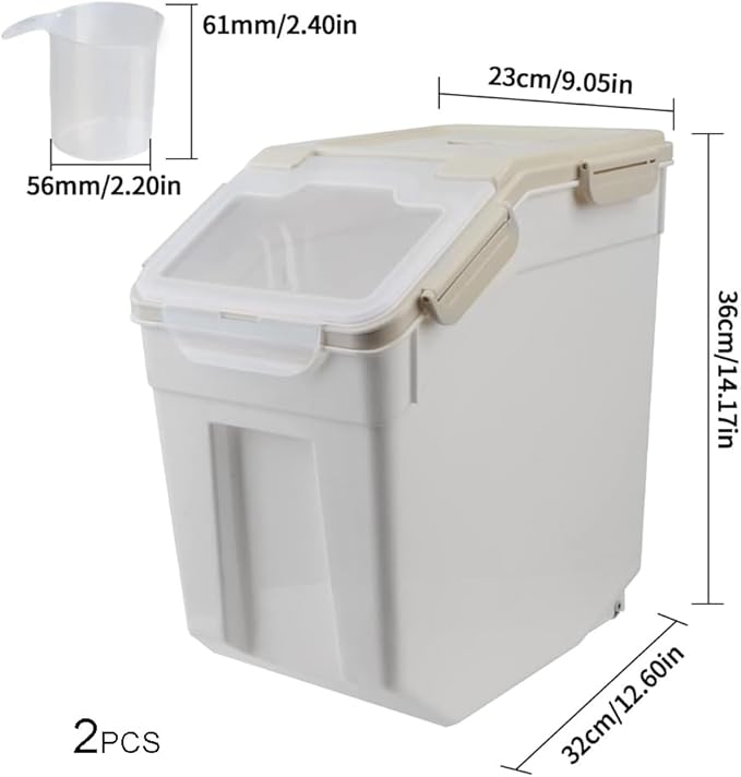YXQ 25LB Large Flour Storage Container Bin ,2 Pack Airtight Plastic with Wheels Seal Locking Lid Dispenser Organizer Storage Bin with Measuring Cup & Scoop for Flour, Rice, Grain 50LBS Total