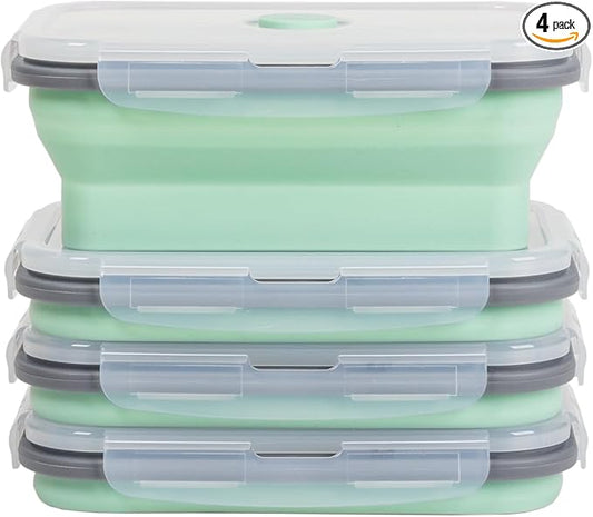 Collapsible Food Storage Containers with Lids & Vent, 27 oz, Kitchen Stacking Silicone Collapsible Meal Prep Container Set for Leftover, Microwave Freezer Dishwasher Safe, Mint Green, 4 Pack
