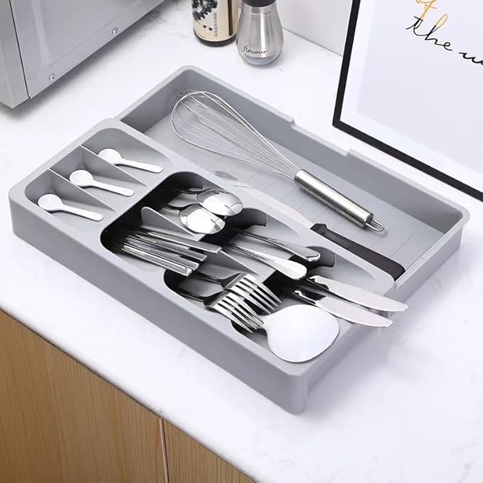 Silverware Organizer Storage Tray,Cutlery Expandable Organizer for Kitchen Drawer Holding Flatware Spoons Forks, 15.8” x 6.5” x 2.2”, GREY