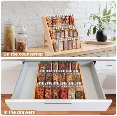 Spice Rack Organizer, 3 Tier Bamboo Seasoning Organizer, Spice Organizer for Cabinet Countertop Drawers Pantry Kitchen, foldable Storage and Standing with Anti-slip Pads(No Jars included)