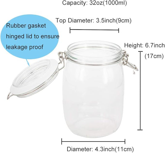 4 Pack 32 oz Glass Jars With Airtight Lids And Leak Proof Rubber Gasket, Wide Mouth Mason Jars with Hinged Lids for Food Storage, Cereal, Pasta, Sugar, Beans, Pickle Jars, Kitchen Canisters