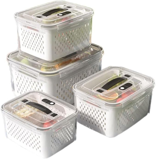 4 Pack Large Airtight Fridge Food Organizer Containers, Fruit and Vegetable Storage Containers with lids, Portable Outdoor Picnics Food Storage with Removable Colanders(4.15L+3.15L+1.7L+0.8L)