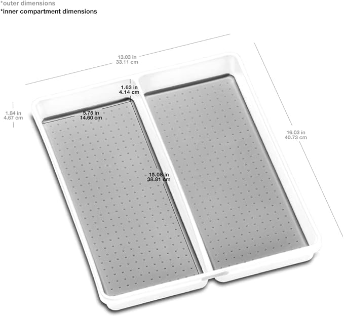 madesmart Premium Antimicrobial Classic Large Utensil Tray, Soft Grip, Non-Slip Kitchen Drawer Organizer, 2 Compartments, Multi-Purpose Home Organization, EPA Certified, White