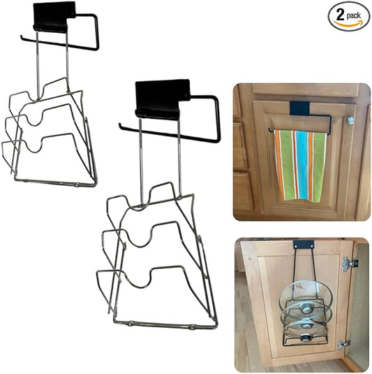 Evelots 2-in-1 Pot Lid Organizer with Towel Holder - 2 Pack, 3-Tier Cabinet Door Rack - Space-Saving Kitchen Organizer for Glass or Metal Pan Lids & Towels - Over the Door Design - Black