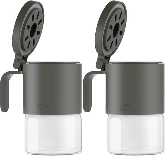 Zuutii Glass Spice Jars Moisture-Proof Spice Containers with Spoons, Set of 2 10oz/300ml Spice Bottles, Mini Seasoning Storage Jars with Flapper Caps for Salt, Sugar, Peppers, Chili in Kitchen Grey