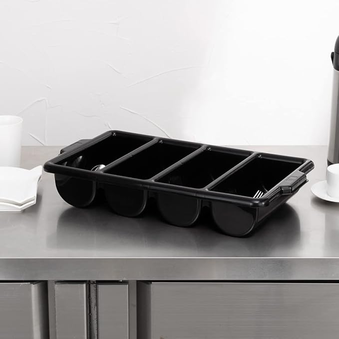 Restaurantware-21.9 x 14.2 x 3.5 Inch Silverware Organizer, 1 Crack-Resistant Cutlery Tray - 4 Compartments, Built-In Handles, Black Plastic Utensils Drawer Holder, For Kitchen Organization