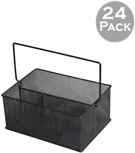 YBM Home Mesh Basket Utensil Holder & Picnic Silverware Caddy Organizer with Four Compartments and Napkin Storage, Black (24 Pack)