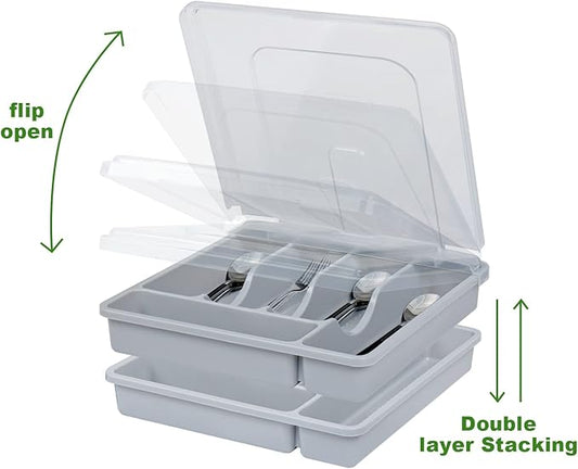 Silverware Holder with Lid, Double Layer Utensil Tray with Cover Large Flatware Organizer Plastic Cutlery Container for Kitchen Drawer Countertop 10 Compartments, Grey
