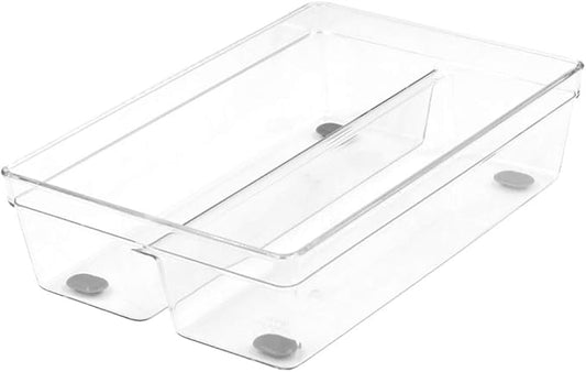 Glad Plastic Drawer Storage Tray – Heavy Duty Organizer Bin for Home, Kitchen, Bath, Bedroom, Office | Non-Slip Feet, 2-Compartment, Clear