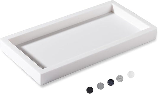 Small Silicone Bathroom Vanity Tray Rectangle Soap and Sponge Holder Kitchen Sink Organizer for Scrubber, Lotion Bottles, Perfume, Jewelry, Candle, Key Trinket Ring, White