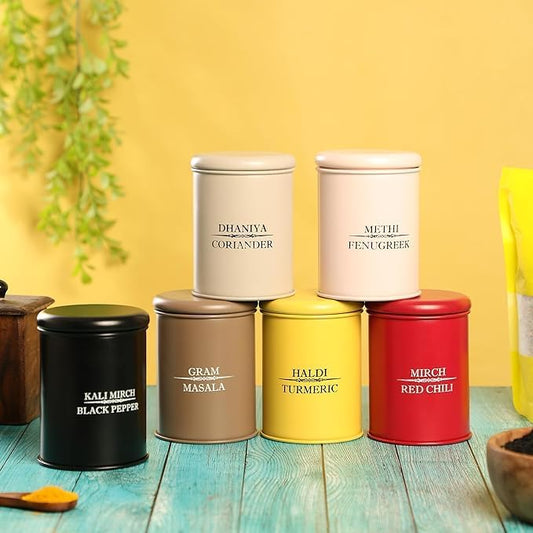 Spice Jar Set of 6 – Stainless Steel Airtight Spice Containers for Kitchen Storage | Masala Box Organizer for Spices | Modern Spice Rack Jars for Pantry & Countertop