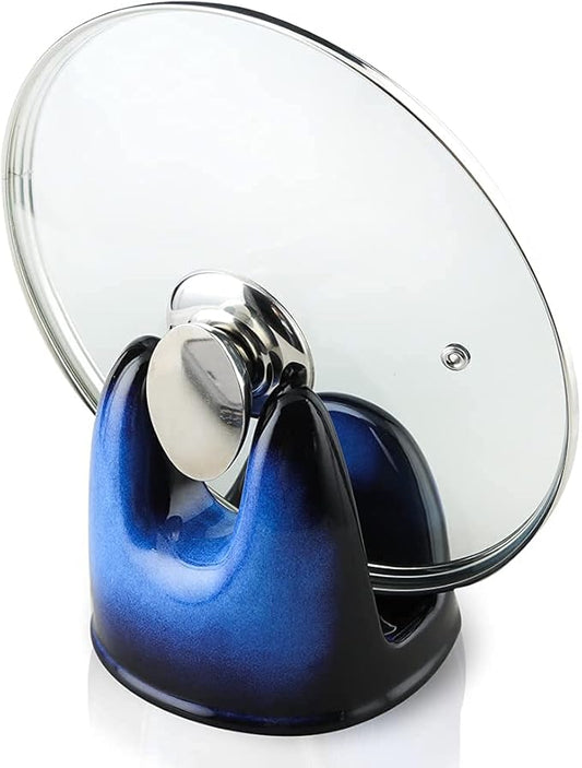 Nihow Pot Lid Holder: Stable Ceramic Pan Lid Holder for Kitchen Counter Decor/Countertop/Stove Top- Heat Resistant & Dishwasher Safe - Elegant Black & Blue (1PC)