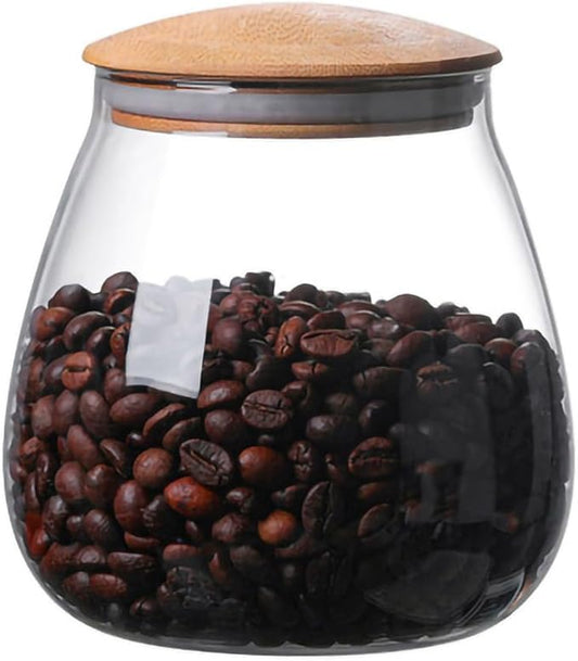 WAIT FLY Mushroom Shape Borosilicate Glass Coffee Bean Storage Container with Airtight Bamboo Lid, Tea Canister, Food Storage Jar for Tea, Coffee, Spices, Sugar, Candy, Cookies, Cereals-Smooth-26 OZ