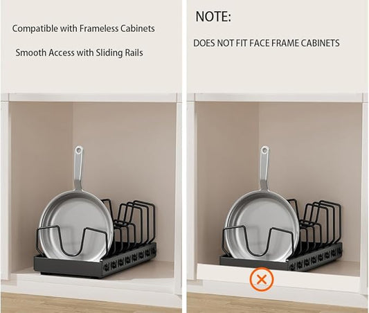 SUNZOS Pots and Pans Organizer for Under Cabinet, Pull Out Pot Lid Organizer for Kitchen, Pan Holder Inside Cabinet and Storage with 8 Adjustable Dividers
