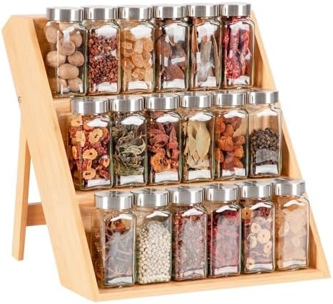 Spice Rack Organizer, 3 Tier Bamboo Seasoning Organizer, Spice Organizer for Cabinet Countertop Drawers Pantry Kitchen, foldable Storage and Standing with Anti-slip Pads(No Jars included)