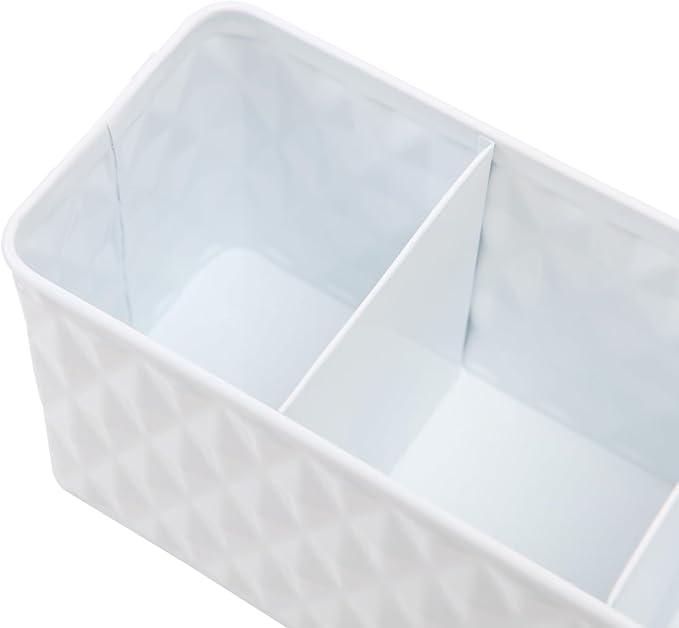 NIKKY HOME Farmhouse White Silverware Organizer with 3 Compartments Cutlery Caddy Kitchen Countertop Flatware Holder for Utensil, Spoons, Knives, Forks, Rhombic Embossed Pattern