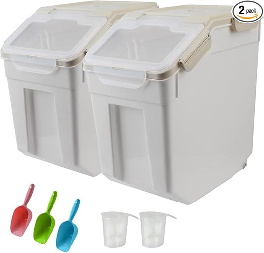 YXQ 25LB Large Flour Storage Container Bin ,2 Pack Airtight Plastic with Wheels Seal Locking Lid Dispenser Organizer Storage Bin with Measuring Cup & Scoop for Flour, Rice, Grain 50LBS Total