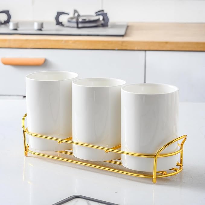 3-Piece White Ceramic Silverware Caddy with Golden Metal Rack, Utensil Holder Flatware Caddy Cutlery Storage Organizer for Kitchen Table (White+Gold)