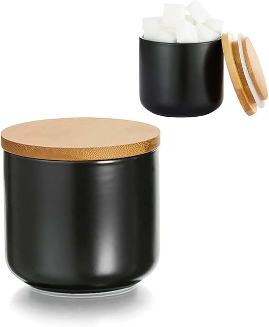 YYW Ceramic Food Storage Jar Canister with Airtight Wooden Lid, Modern Design Food Canisters Loose Tea Coffee Sugar Spice Nuts Snacks Seasonings Storage Jar Caddy (Black 7.03 oz/200 ml)