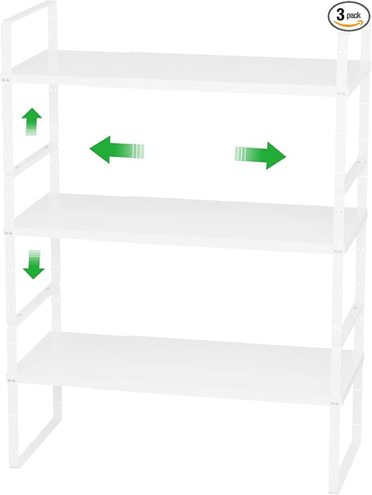 Cabinet Organizer Shelf Expandable Pantry Counter Shelves Stackable Under Sink Inside Cabinet Storage Spice Rack for Kitchen Bathroom Home Office,3 Packs,10.24" D,White