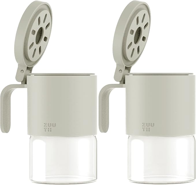Zuutii Glass Spice Jars,Spice Containers with Spoons, Set of 2 10oz/300ml Spice Bottles, Mini Seasoning Storage Jars with Flapper Caps for Salt, Sugar, Peppers, Chili in Kitchen