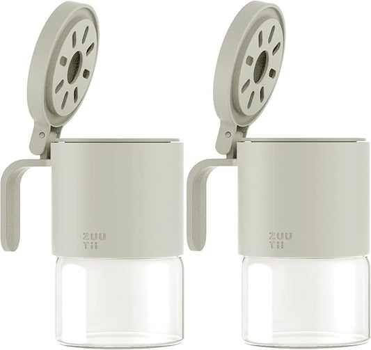 Zuutii Glass Spice Jars,Spice Containers with Spoons, Set of 2 10oz/300ml Spice Bottles, Mini Seasoning Storage Jars with Flapper Caps for Salt, Sugar, Peppers, Chili in Kitchen