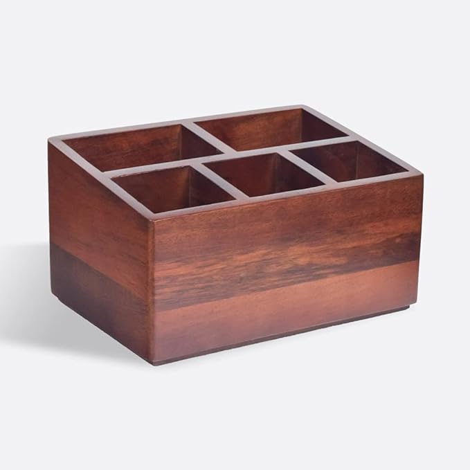 Premium Handcrafted Wooden Spoon stand for kitchen | cutlery holder for dining table | wooden caddy storage organiser stand with 5 section Mahogany Finish(8.75x6x4.5 inch)