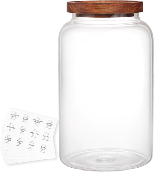 High Borosilicate Large Glass Jar with Airtight Acacia Lid and 132 Kitchen Panty Labels Preprinted - 94 Fl Oz Thicken Big Glass Food Storage Container Canister for Flour, Sugar, Rice, Cookie, Cereal