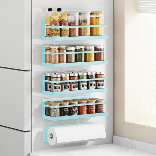Magnetic Spice Rack For Refrigerator Magnetic Fridge Shelf For Kitchen Blue 4 Pack With Magnetic Paper Towel Holder