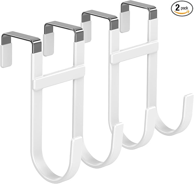 FYY Over The Door Hooks - 2 Pack Heavy Duty Dual-Hook Organizer Hanger with Non-Slip Rubber for Towels, Clothes, Hats & Bags Use in Bathroom, Bedroom, Kitchen - Fits Interior Doors Up to 1 3/8" White