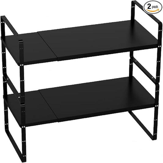 Slideep Expandable Counter Organizer Shelf, Stackable Cabinet Shelves Organizer Storage Rack Cupboard Stand Spice Rack for Kitchen Bathroom Pantry Black -2 Set