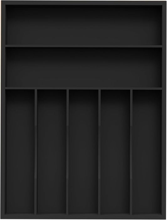 Sliverware Organizer, Bamboo Kitchen Drawer Organizer, Flatware Organizer Tray Holder for Sliverware, Utensil & Cutlery (7 Slots, Black)