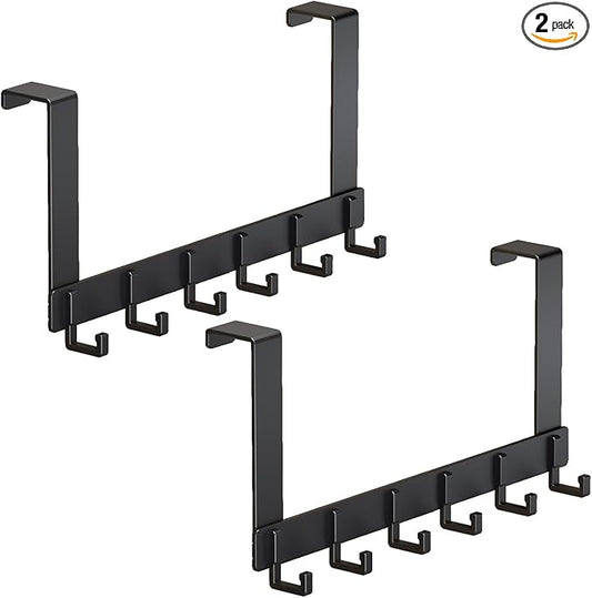 2 Pack Over The Door Hooks, Sturdy Door Hanger, Large Over The Door Towel Rack with 6 Hooks, Heavy Duty Easy to Install, for Bathroom, Bedroom，Kitchen，Hanging Towels, Coats (Black).