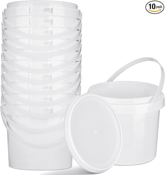Gerrii 10 Pack White Plastic Bucket with Handle and Lid Food Storage Bucket Containers All Purpose Pail for Multipurpose Paint Water Art Crafts Projects Garage Organization (White,1.5 Quart)
