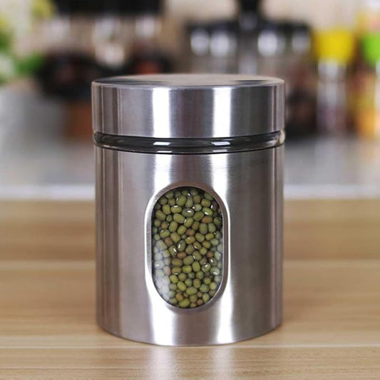 Stainless Steel Container Food Storage Jar Sealed Coffee Can Kitchen Canister with Glass Window and Airtight Lid for Tea Coffee Bean Sugar Candy Cookie Spice Flour, 1 Piece
