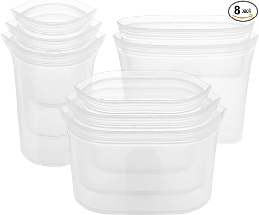 Zip Top Reusable Food Storage Bags | Full Set of 8 [Frost] | Silicone Meal Prep Container | Microwave, Dishwasher and Freezer Safe | Made in the USA