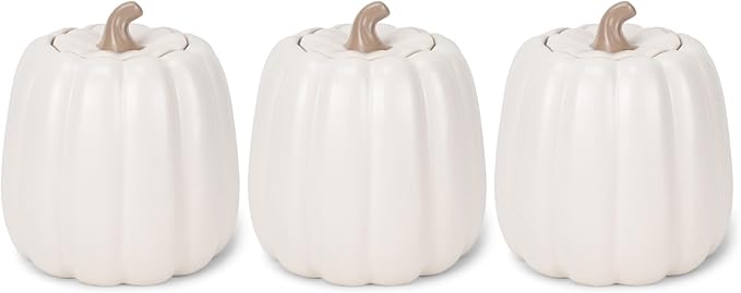 Nat & Jules Pumpkin Shaped 6 x 6 Inch Ceramic Storage Canisters: Perfect for Halloween, Thanksgiving and Indoor Fall Table Décor & Centerpieces - Set of 3, White