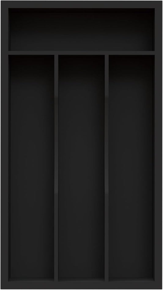Small Silverware Organizer, Bamboo Kitchen Drawer Organizer, Utensil Holder, Cutlery Tray & Spoon Flatware Storage with Grooved Drawer Dividers (Black)