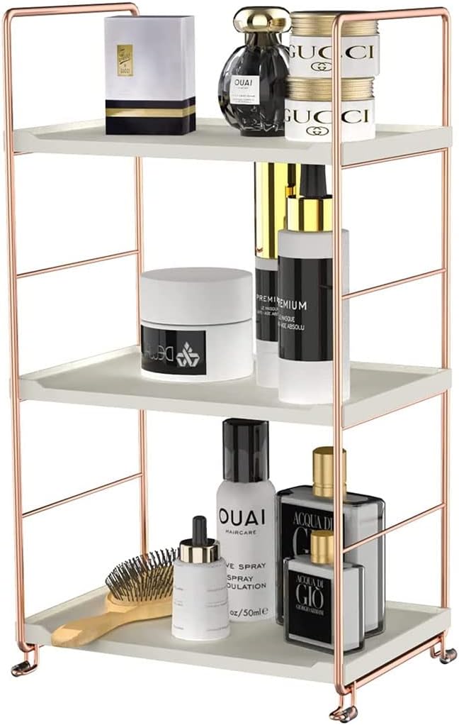 Plastic/Metal Freestanding Stackable Organizer Shelf,Bathroom Countertop Storage Shelf Cosmetic Organizer Holder Kitchen Spice Rack,3-Tier Standing Rack (Rose Gold)