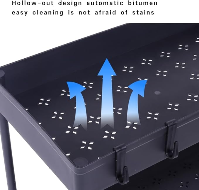 2PC Under Sink Organizer with Hanging Cups - 2 Tier Metal Under Sliding Cabinet Organizer Drawer with 4 Hooks for Bathroom Pantry Cabinet Rack Black