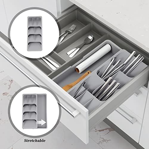 Silverware Organizer Storage Tray,Cutlery Expandable Organizer for Kitchen Drawer Holding Flatware Spoons Forks, 15.8” x 6.5” x 2.2”, GREY