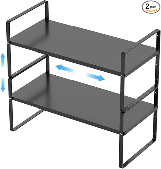Expandable Kitchen Cabinet Shelf Organizers 2 Pack, Stackable Metal Pantry Storage Shelves Rack, Adjustable Counter Shelf for Cabinets, Countertop, Cupboard Organizers and Storage, Black
