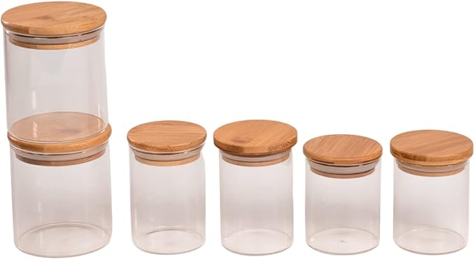 | Hermetic Glass Storage Jars with Bamboo Lid | Multipurpose Jars, Candy Jars, Dry Food Canisters, Airtight, Variety Set, Kitchen Glass For Coffee, Flour, Sugar, Cookie, Spice | 6 Pieces, 32 OZ