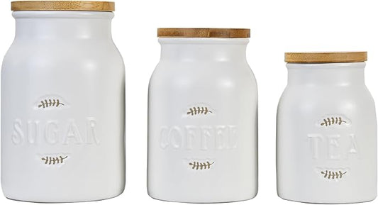 Canister Sets for Kitchen Counter, Ceramic Kitchen Canister with Airtight Bamboo Lids, Modern Farmhouse Coffee Tea Sugar Storage Jar for Countertop Decor, Set of 3, White