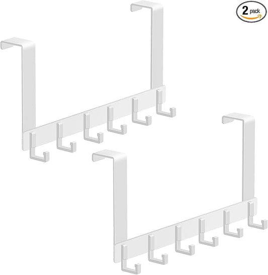 2 Pack Over The Door Hooks, Sturdy Door Hanger, Large Over The Door Towel Rack with 6 Hooks, Heavy Duty Easy to Install, for Bathroom, Bedroom，Kitchen，Hanging Towels, Coats (White).