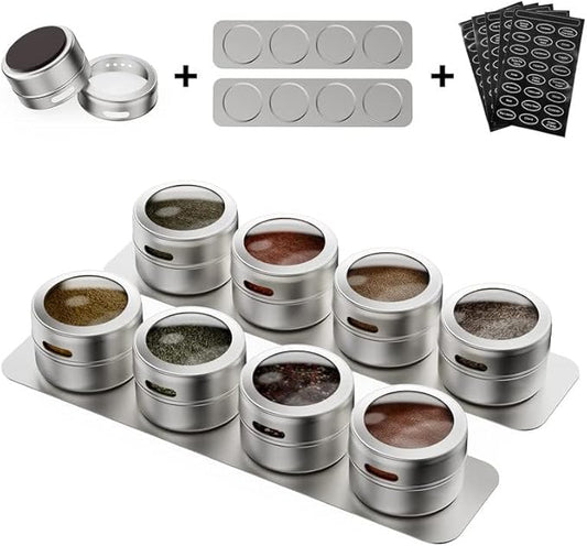 Set of 8 Magnetic Spice Tins with 2 Metal Wall-Plates,100 Preprinted Seasoning Label Stickers,2 Styles for 3 oz Herb Jars