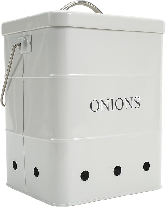 Onion Storage Bin, Metal Storage Tin for Onion, Kitchen Storage Canister with Aerating Tin Storage Holes - Kitchen Pantry Organizer Tin Vegetable Fresh Keeper (White)